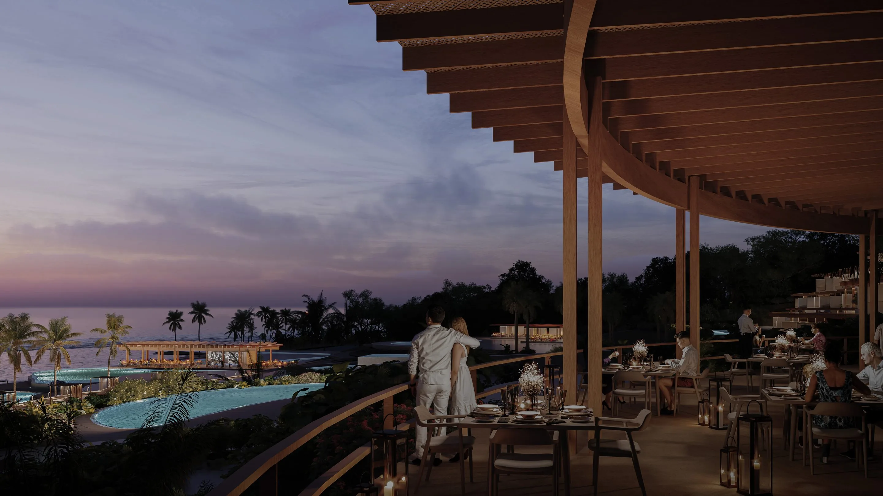 Three Point Six — render de atardecer sobre terraza frente al mar