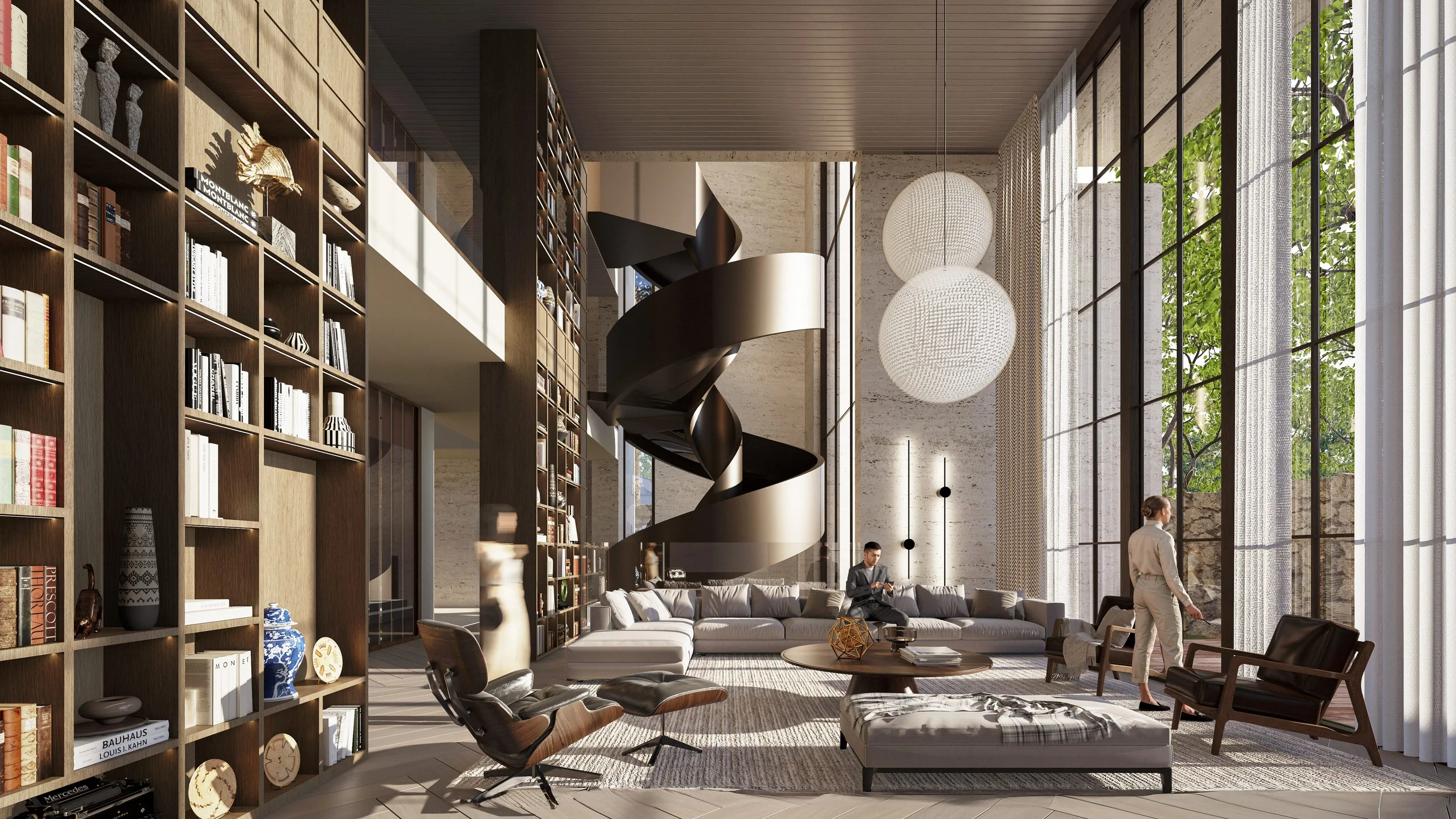 3·6 — Casa Cabrera: biblioteca a doble altura con escalera helicoidal escultórica, Bogotá