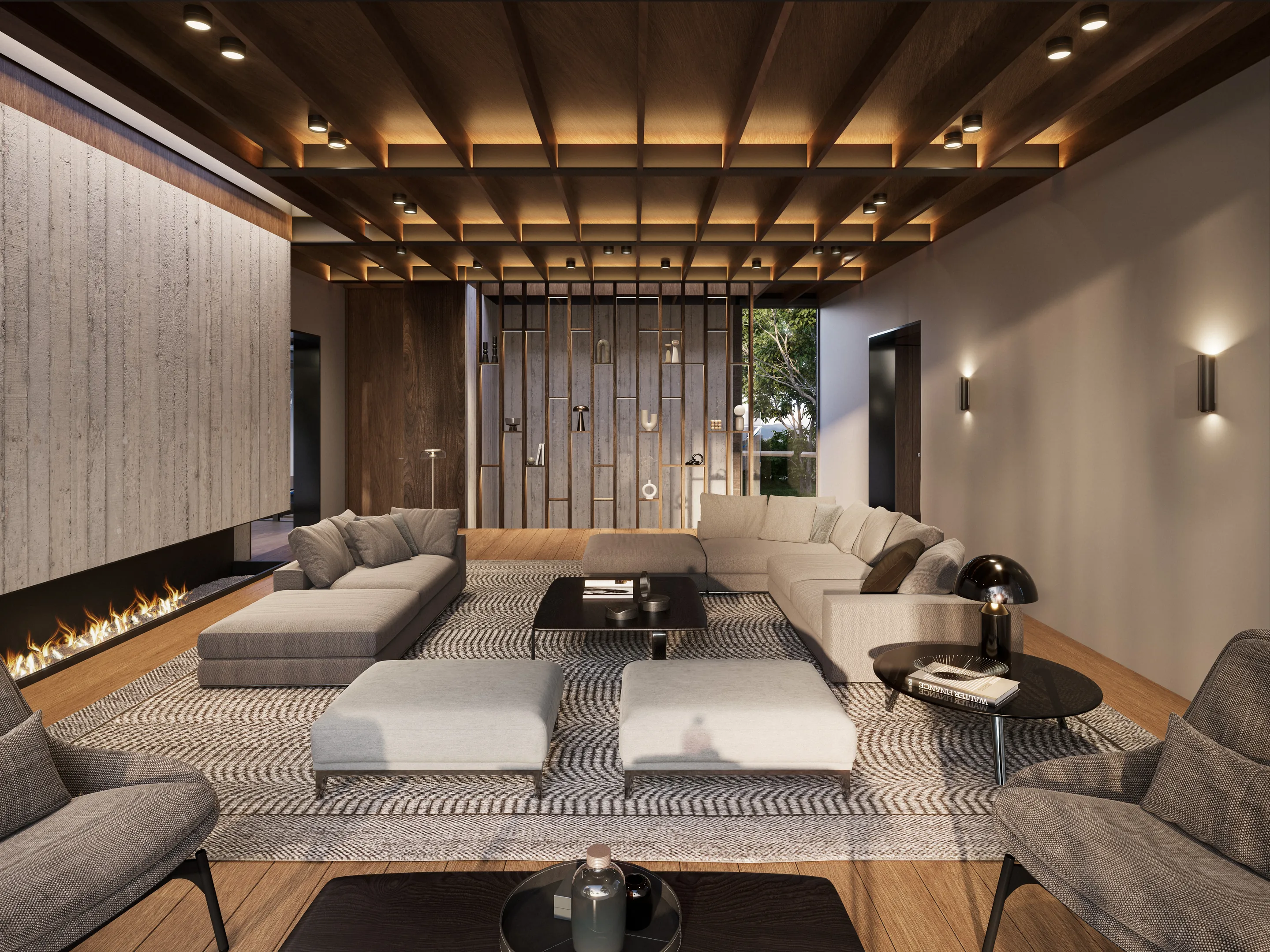 3·6 — House 57: sala con chimenea, sofás y cielo raso de madera al atardecer, Bogotá