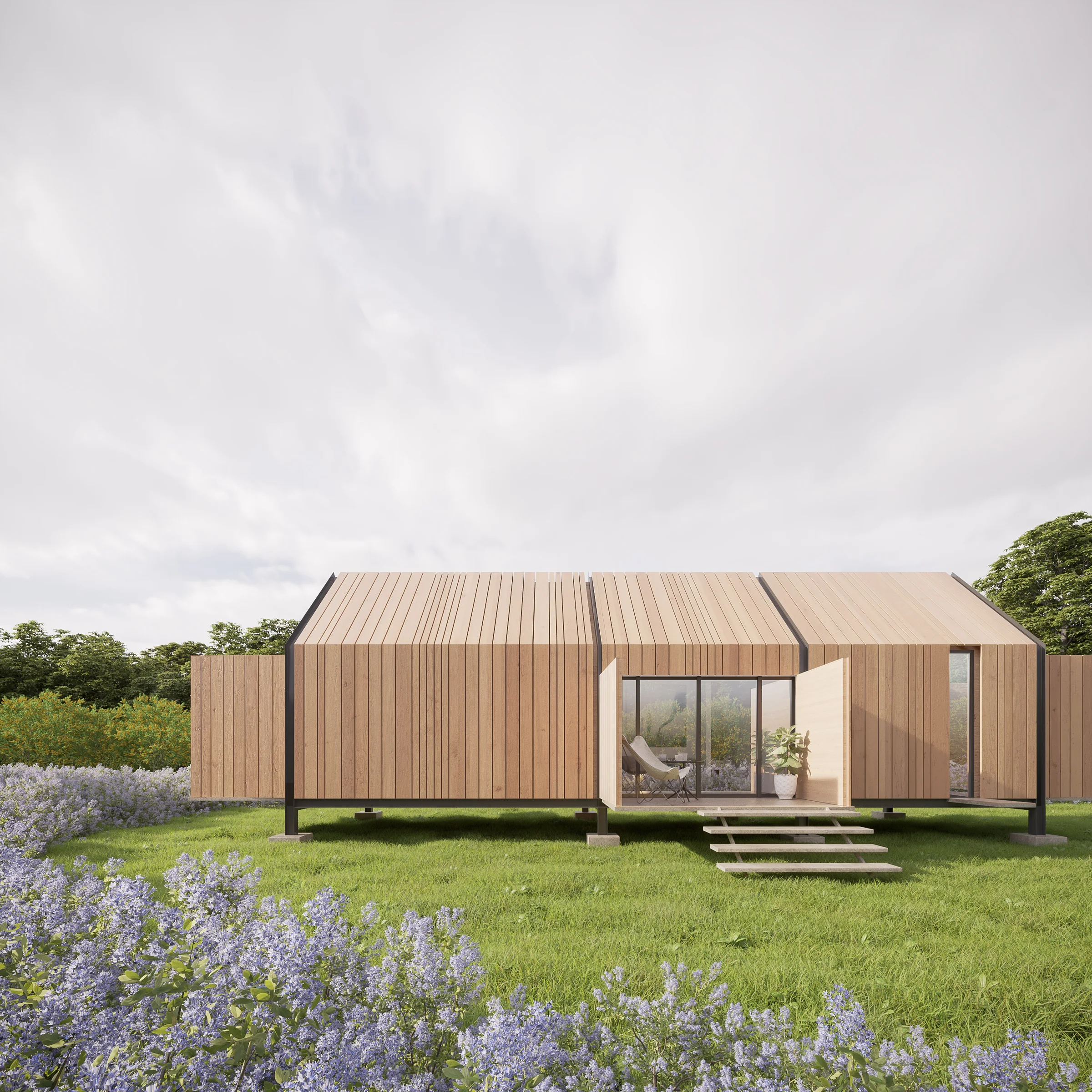 3·6 — Refugio en el prado: casa de madera sobre pradera florecida, Tabio