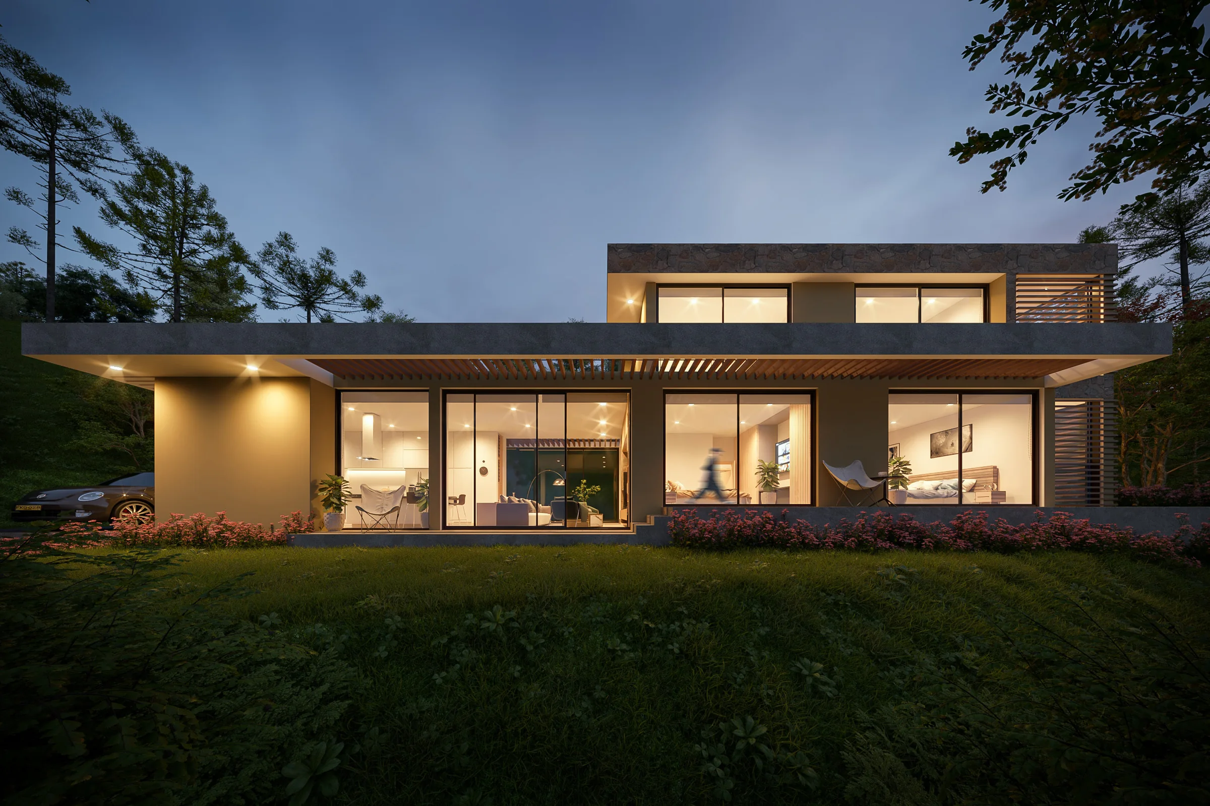 3·6 — Clip Homes: vivienda iluminada al anochecer entre pinos, Toronto