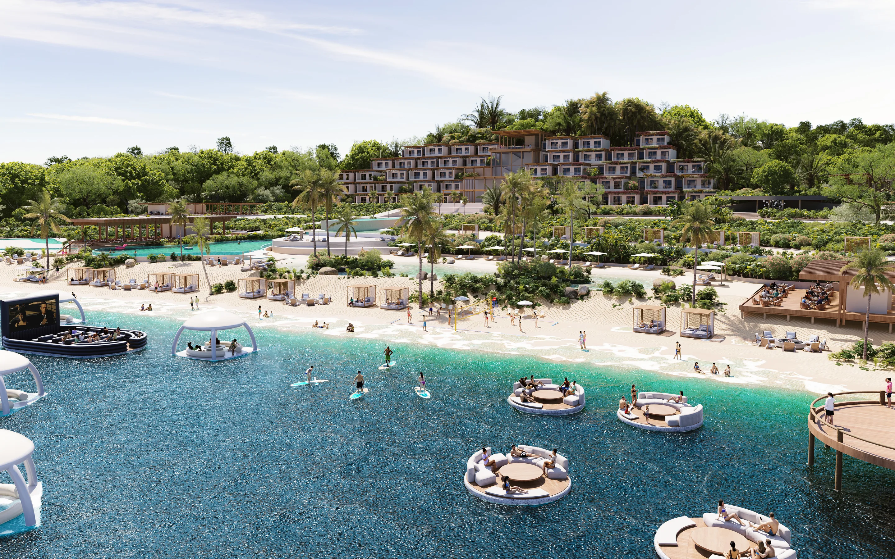 3·6 — The Reef at Roatán: laguna con plataformas flotantes y playa, Islas de la Bahía