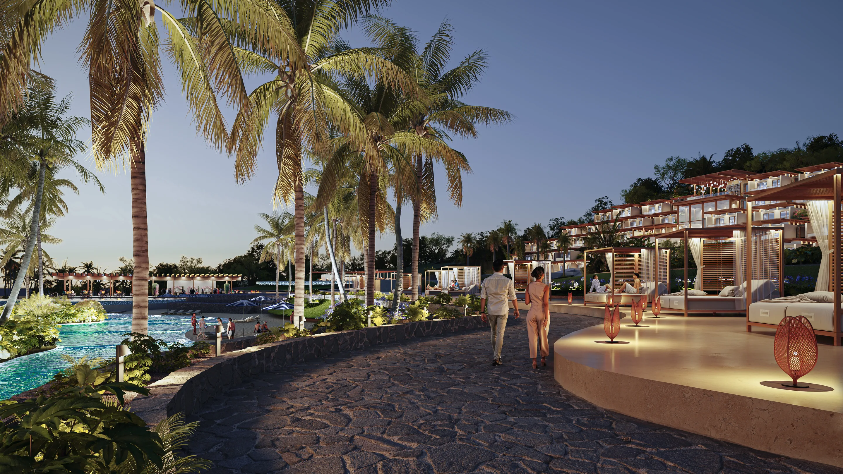 3·6 — The Reef at Roatán: sendero entre palmeras hacia las cabañas al anochecer