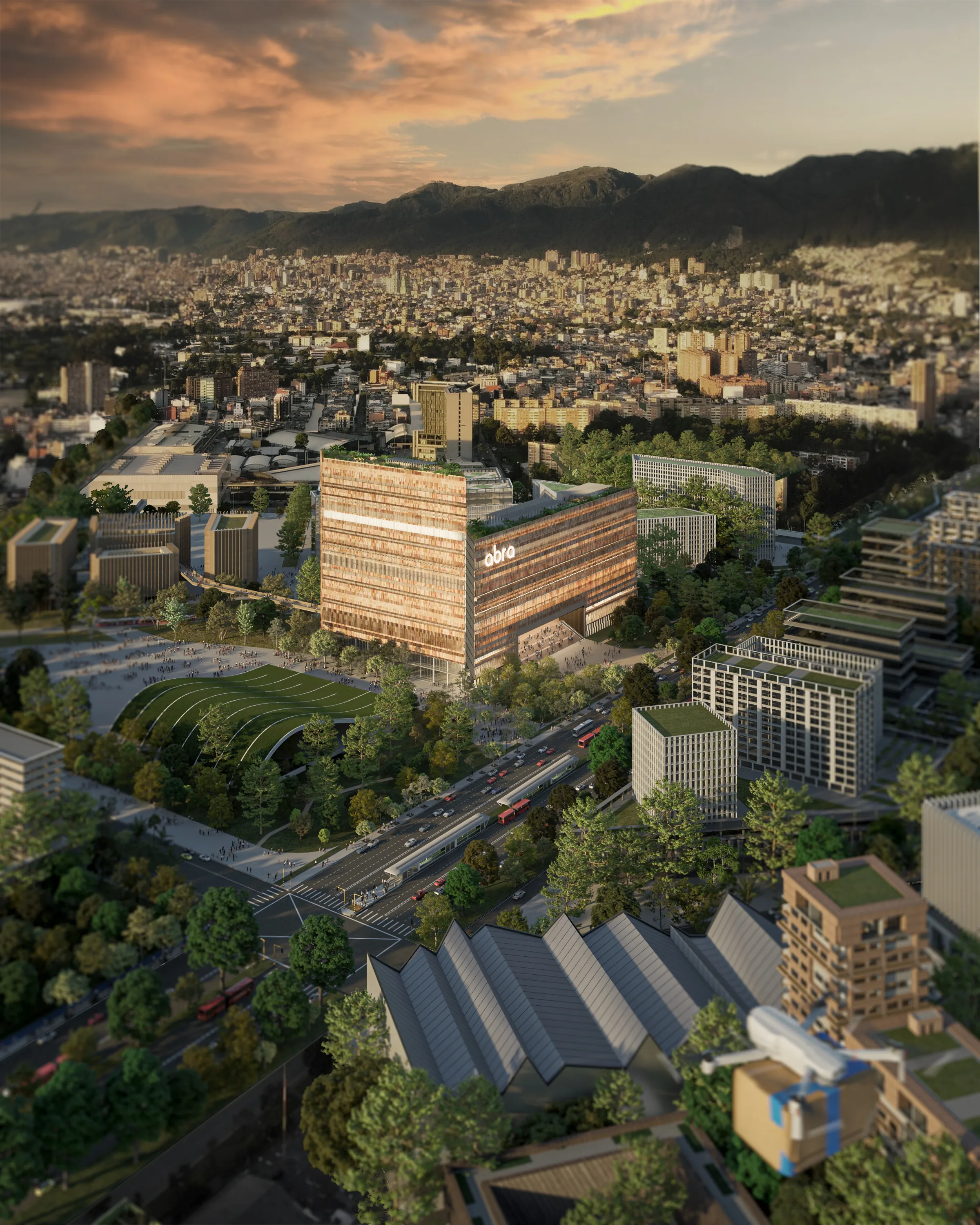3·6 — ABRA: vista aérea del conjunto sobre Bogotá al atardecer