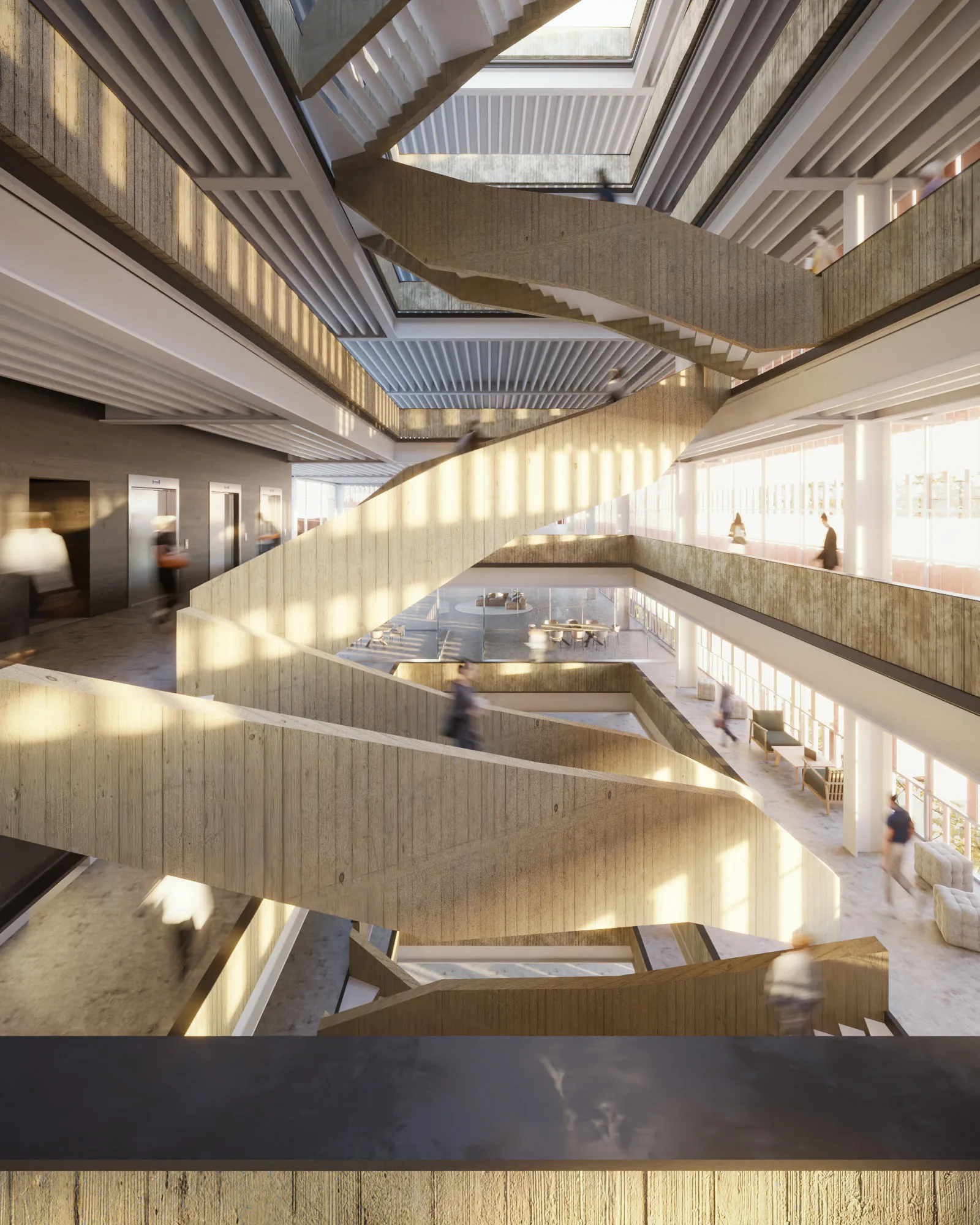 3·6 — ABRA: atrio con escaleras escultóricas y luz cenital, Bogotá
