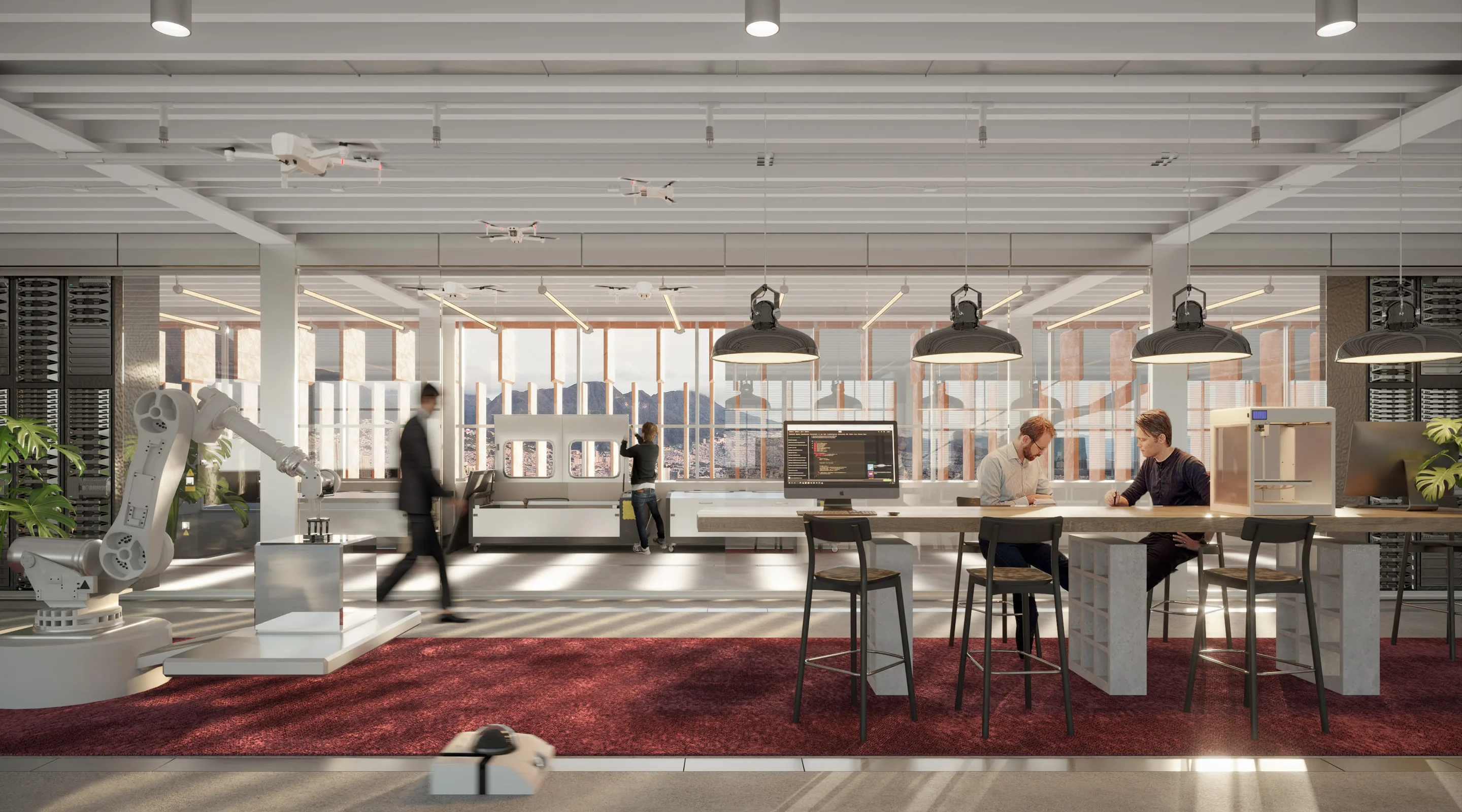 3·6 — ABRA: planta de oficinas diáfana con mesa larga y robot, Bogotá