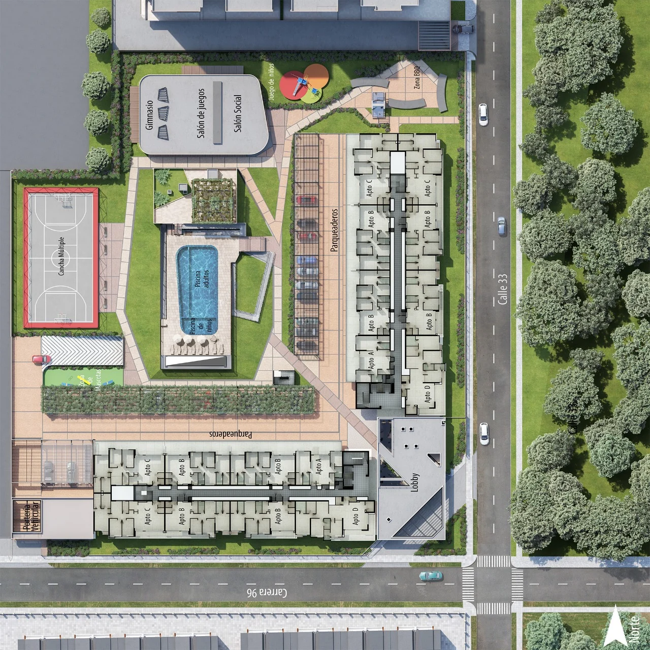 3·6 — Planta urbana en detalle: piscina, parqueaderos y torres