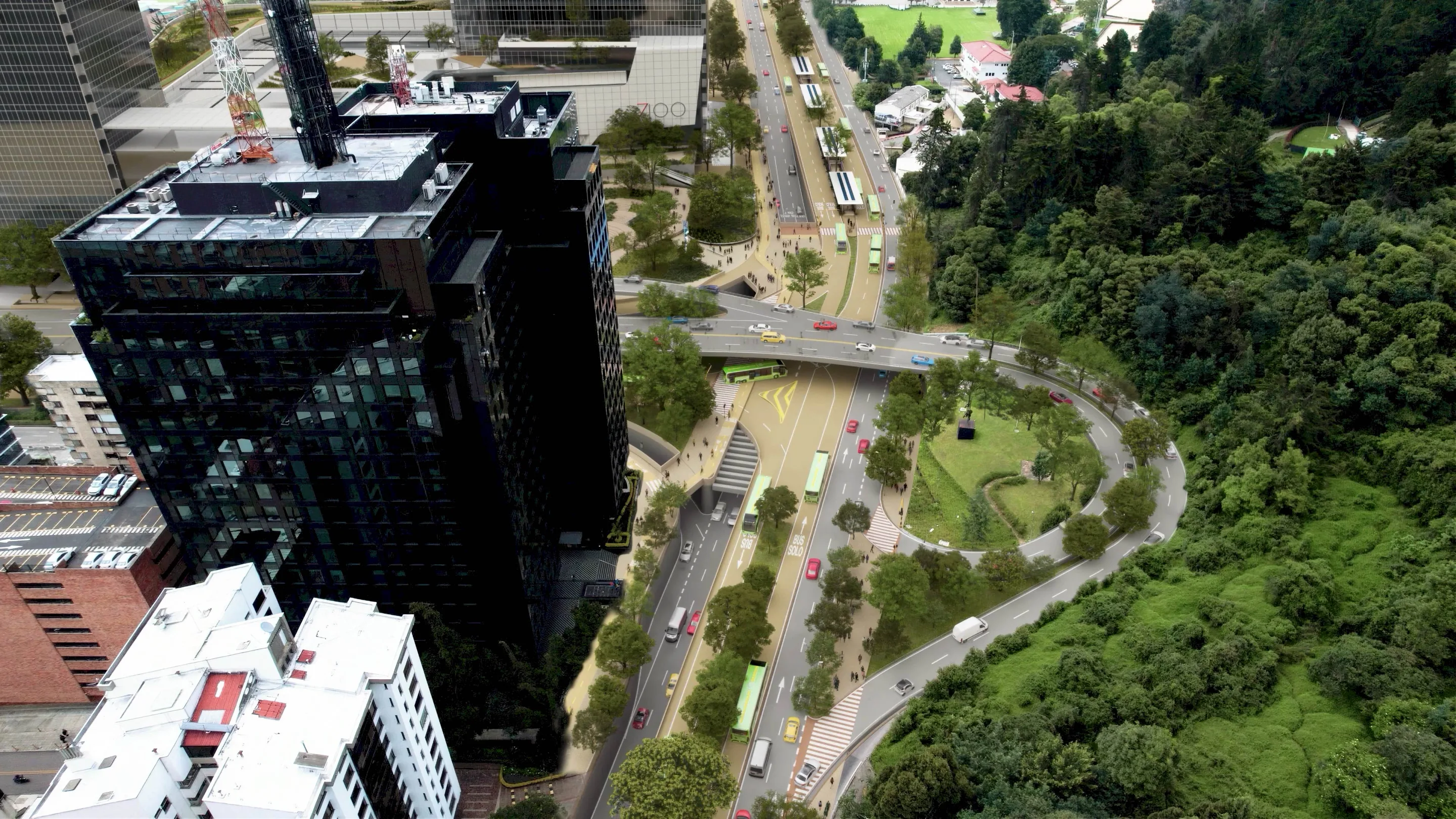 3·6 — Corredor Verde Séptima: vista aérea de la avenida renovada, Bogotá