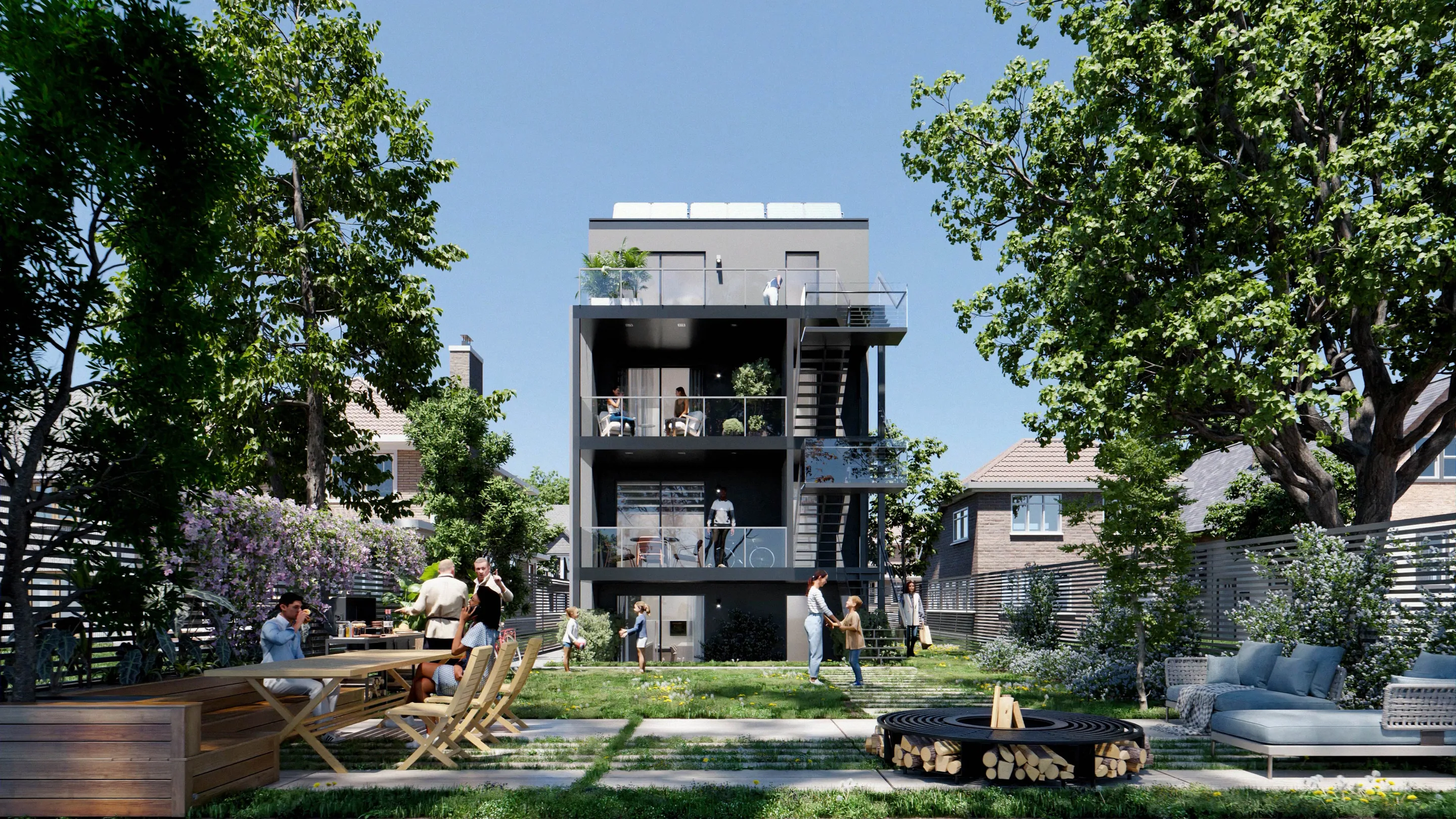 3·6 — Clip Homes: patio trasero con fogata y terrazas, Toronto
