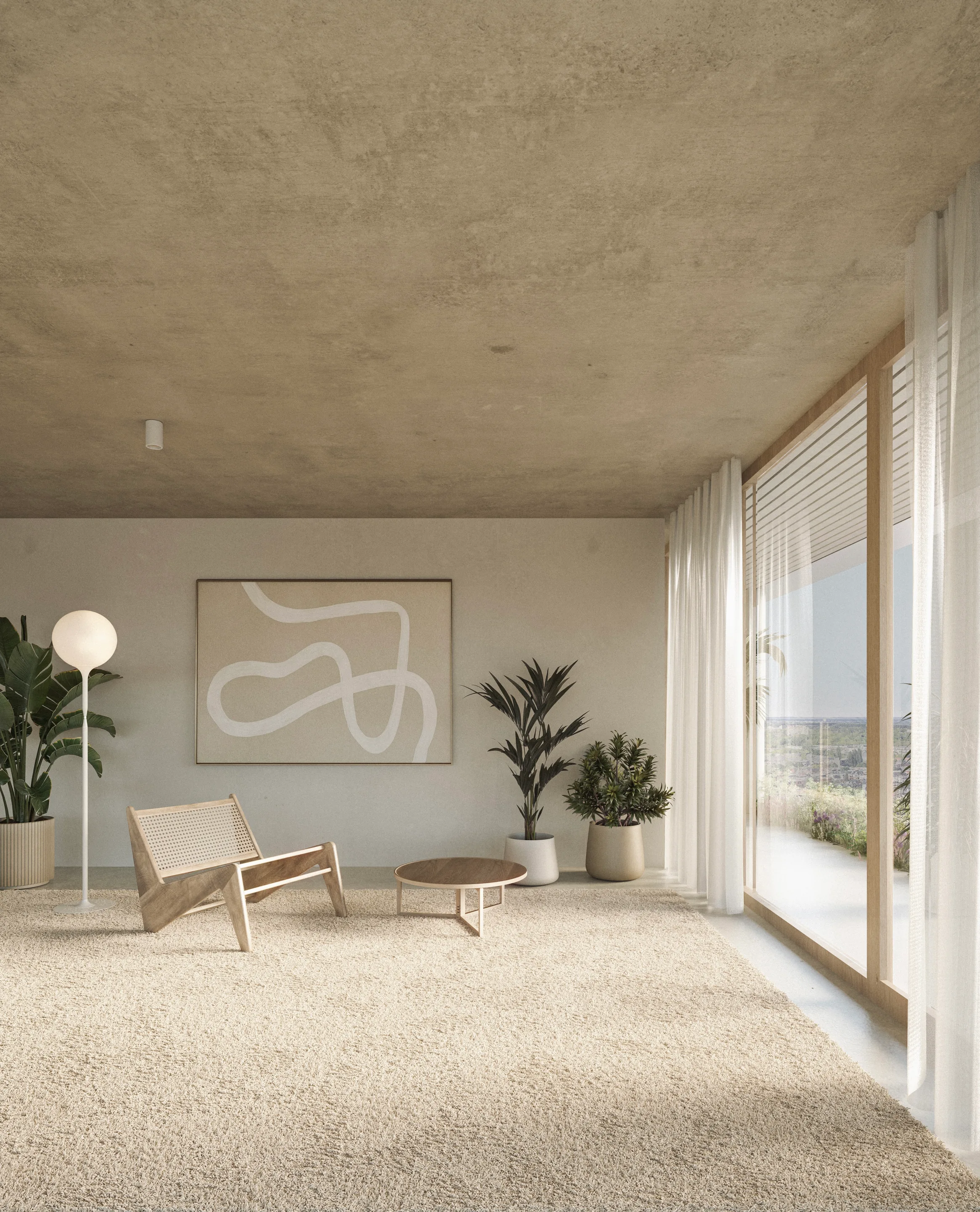 3·6 — Stroveer Tower Contest: interior cálido y minimalista con silla de fibra y ventanal, Róterdam