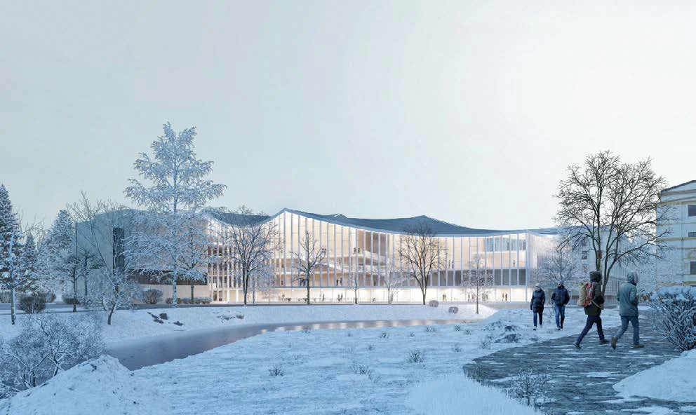 Preview — edificio nevado con materiales y luz casi finales