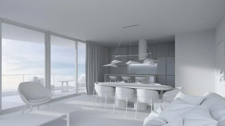 Boceto B — sala-comedor en volumen blanco
